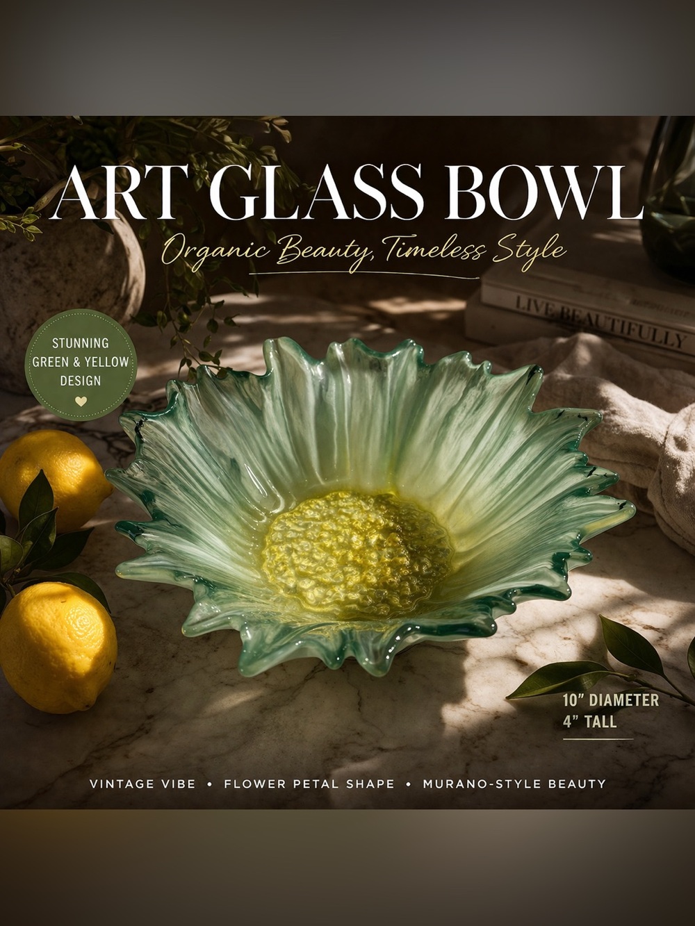 Vintage Akcam Turkish Art Glass Sunflower Bowl 10" Iridescent Green Yellow Cente